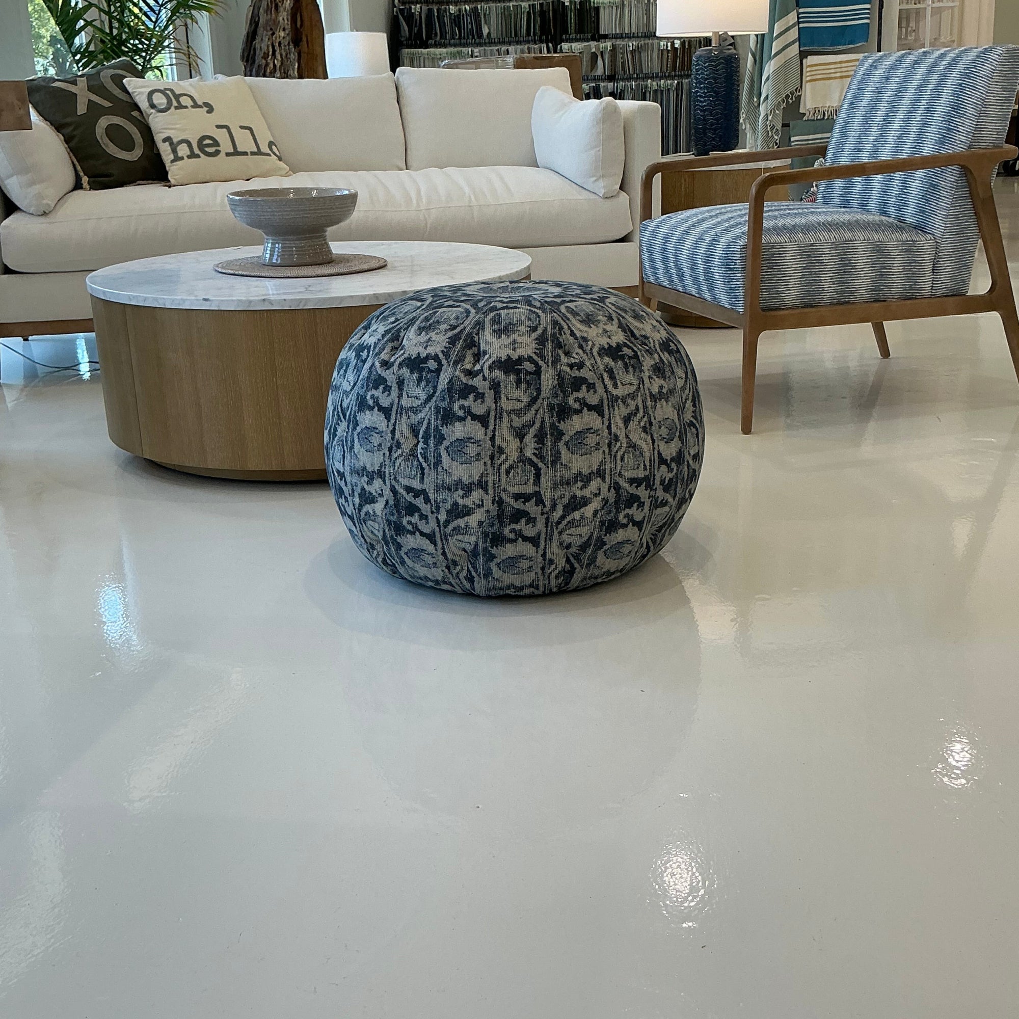 26" Pouf Ottoman in Peacock Blue Fabric