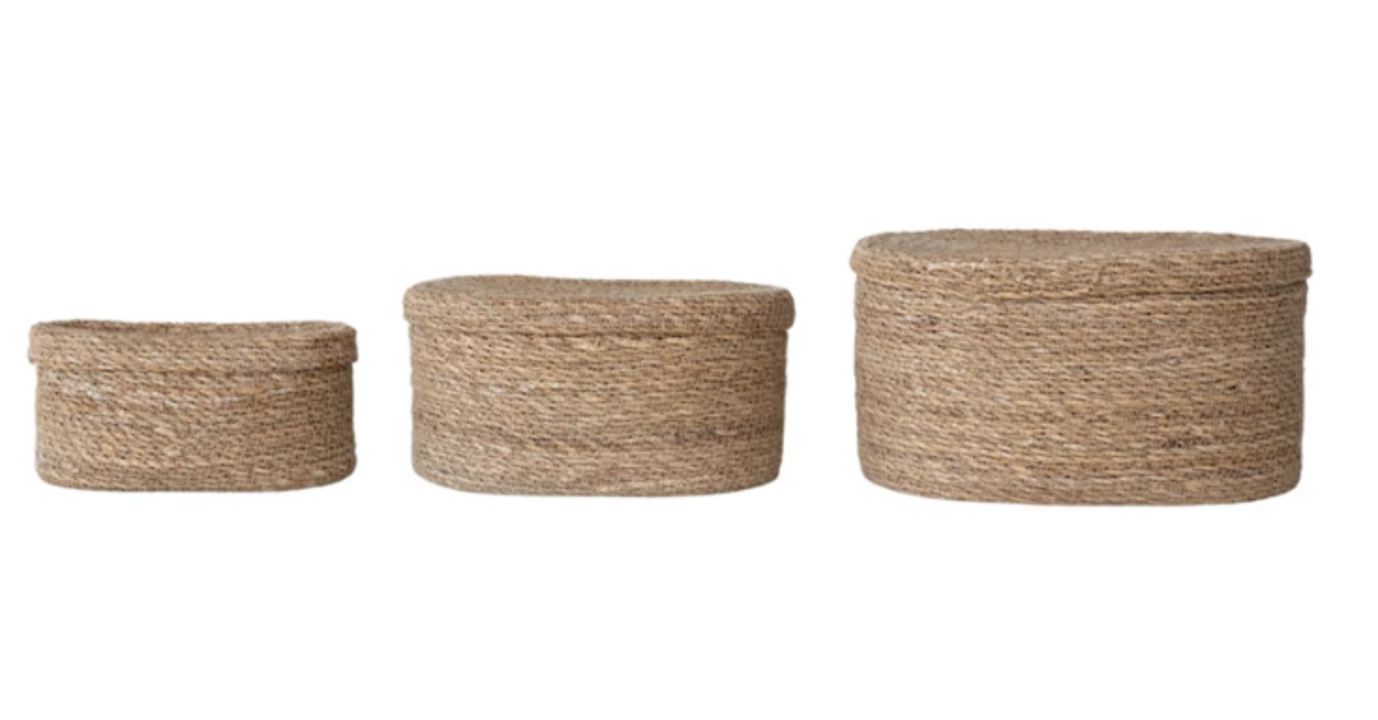 Medium, Oval Hand-Woven Seagrass Baskets with Lids, Natural