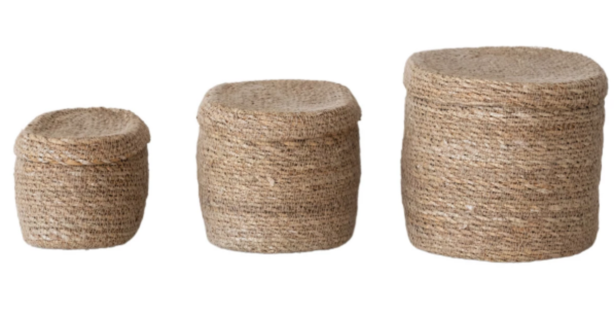 Medium, Oval Hand-Woven Seagrass Baskets with Lids, Natural