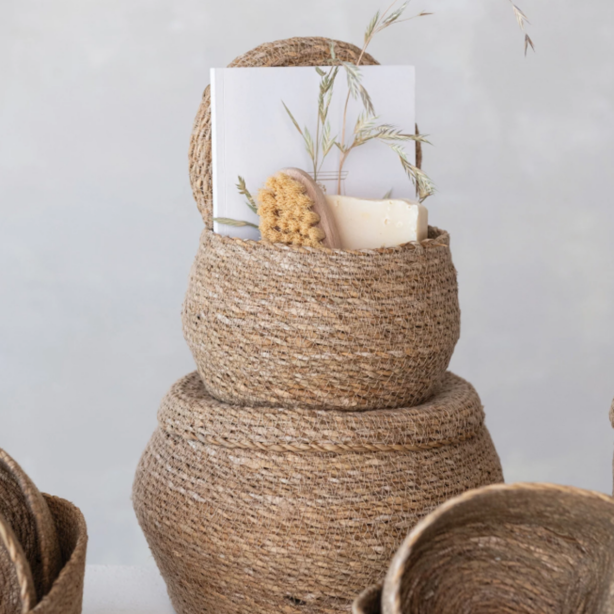Small Hand-Woven Seagrass Baskets with Lids, Natural