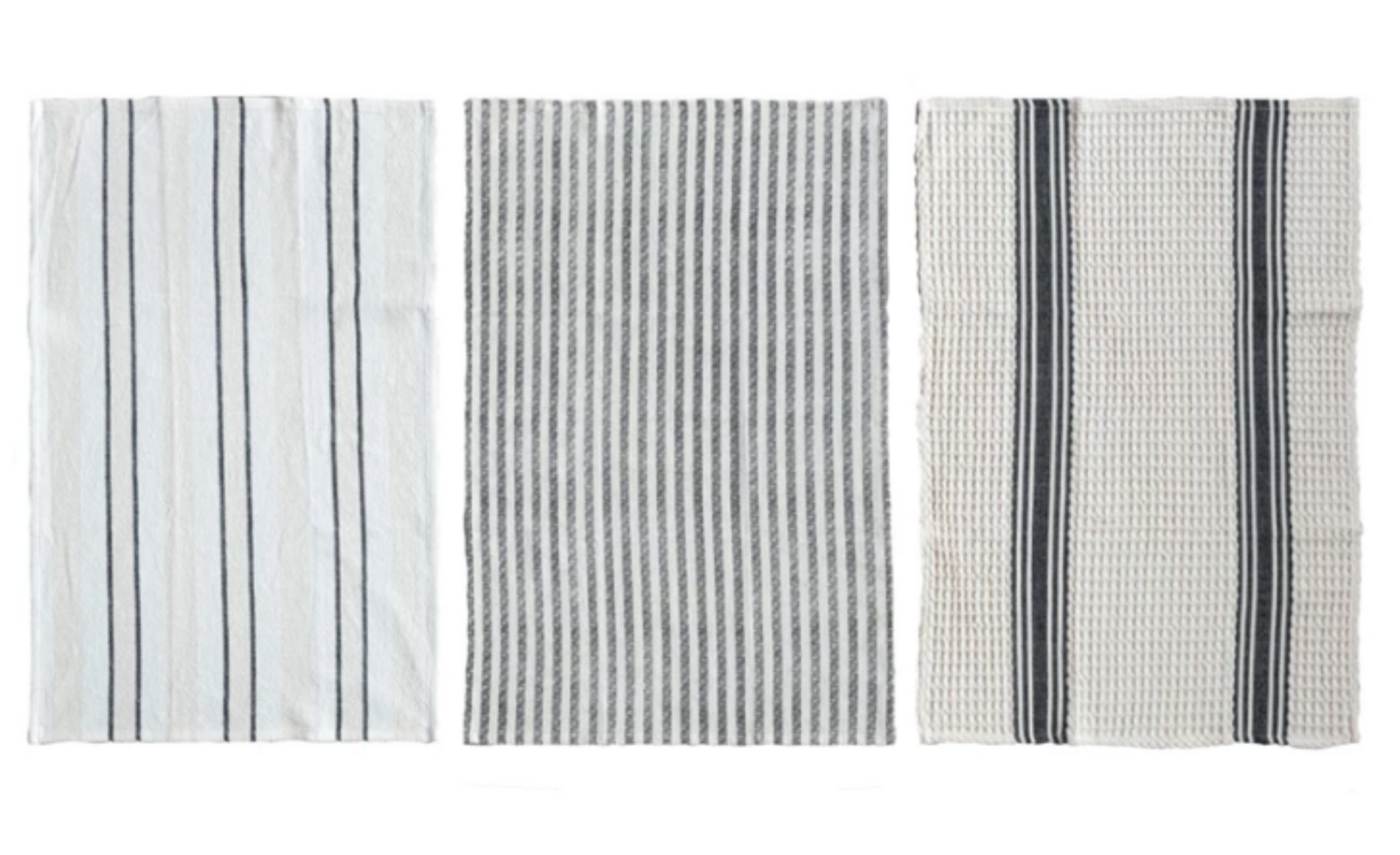 Woven Cotton Slub/Waffle Weave/Printed Tea Towel w/ Stripes, White, Beige and Black