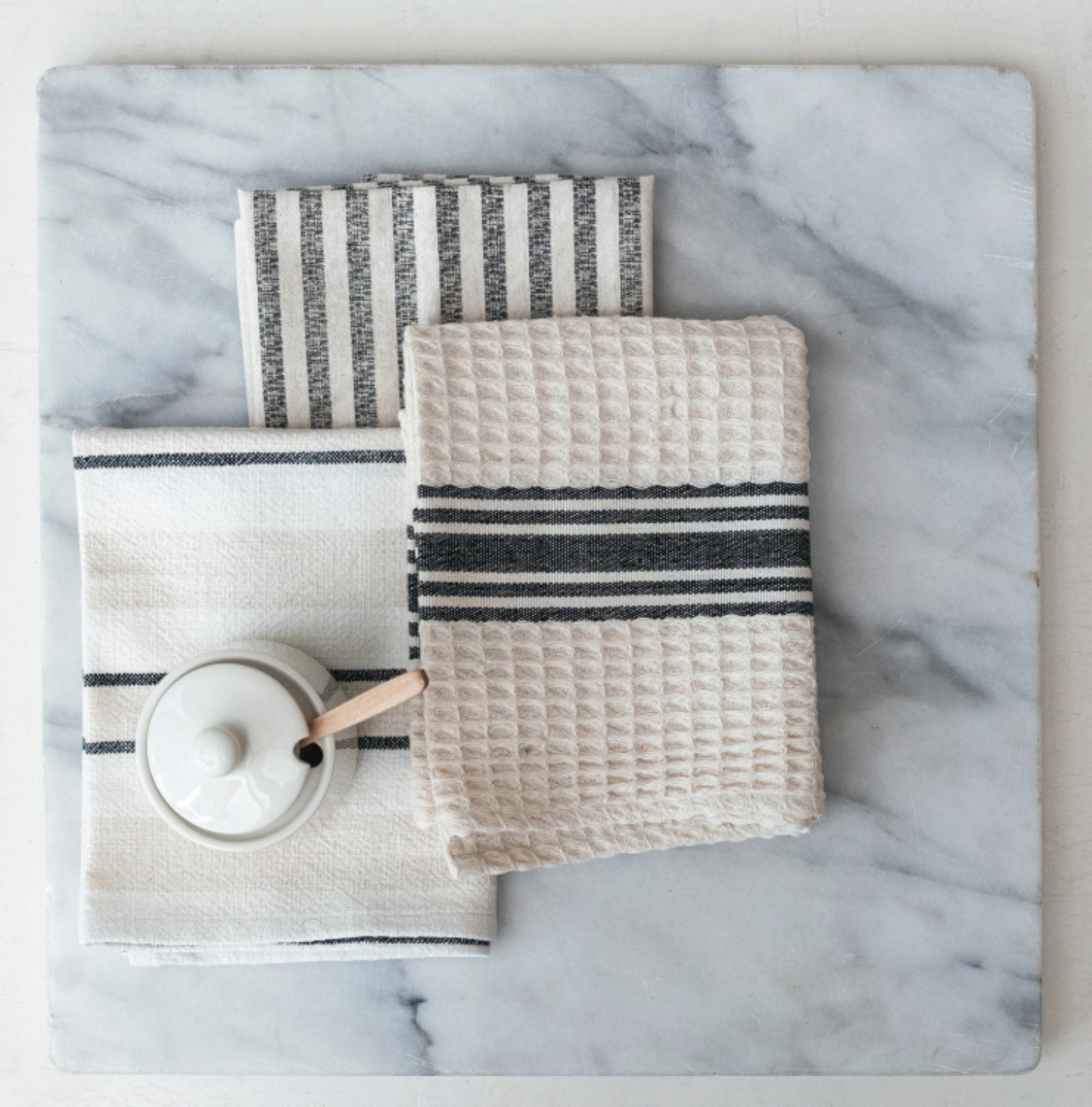 Woven Cotton Slub/Waffle Weave/Printed Tea Towel w/ Stripes, White, Beige and Black