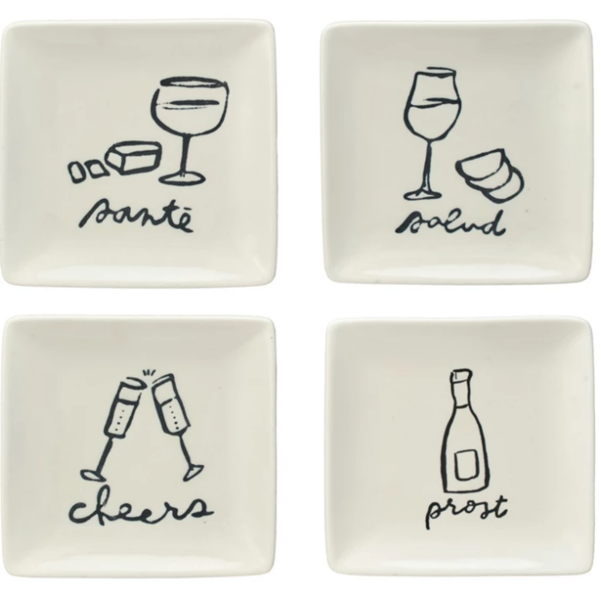 Stoneware Dish w/ Wine Art & Word, White & Black, Salud