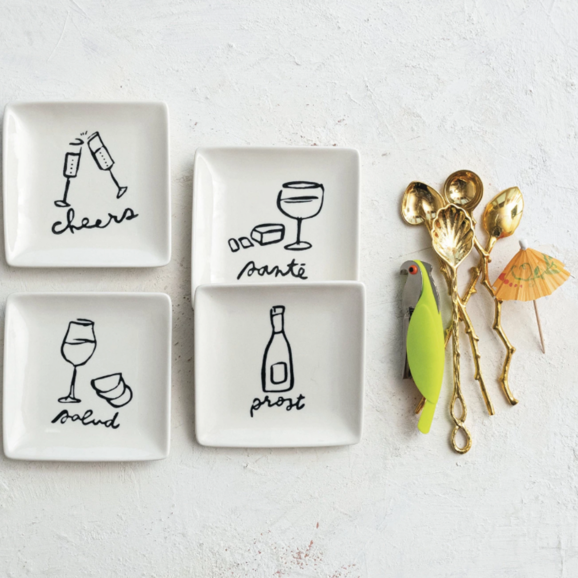 Stoneware Dish w/ Wine Art & Word, White & Black, Salud