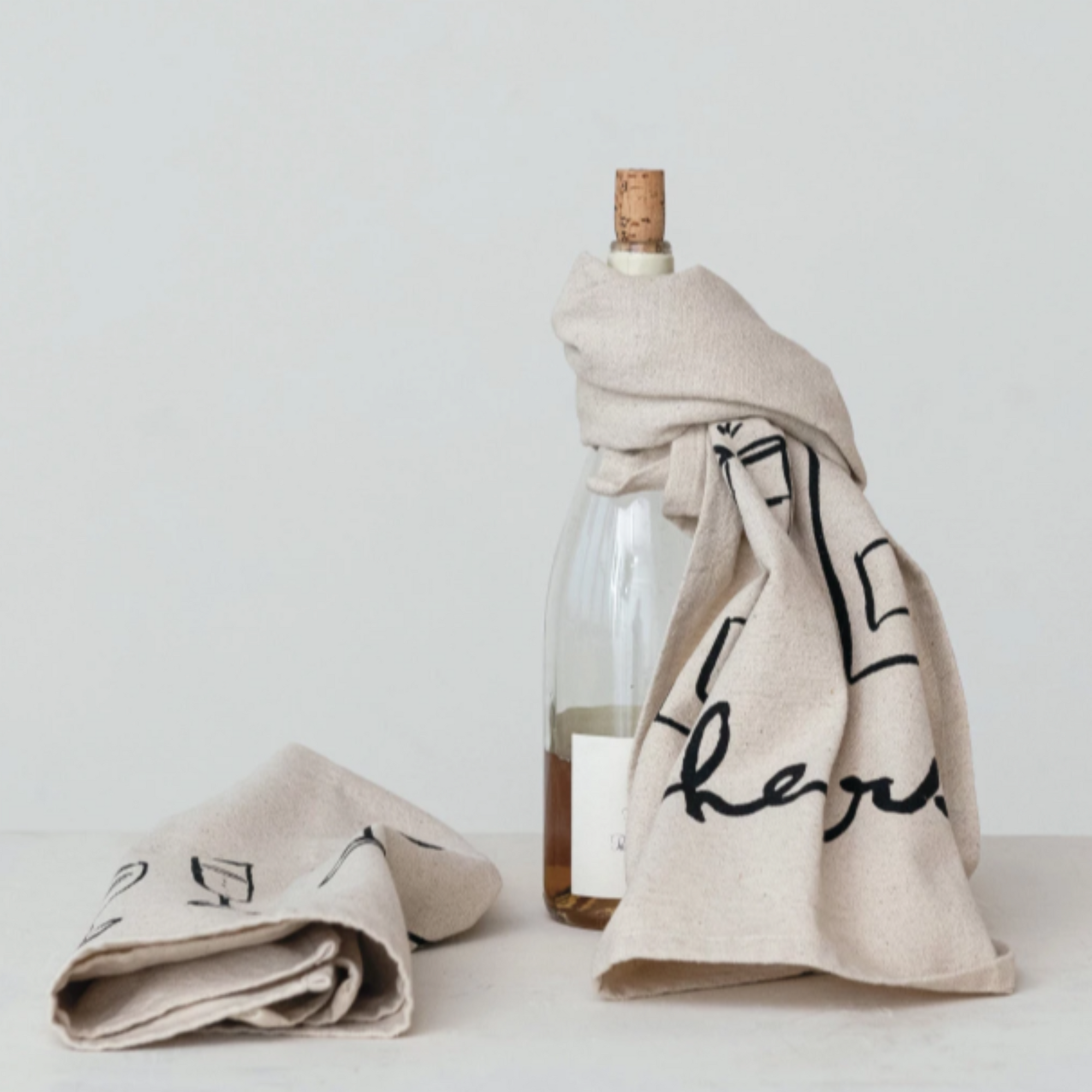 Cotton & Linen Printed Tea Towel w/ Wine Art