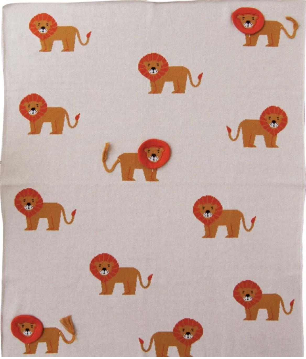 Cotton knit baby blanket with lions, natural