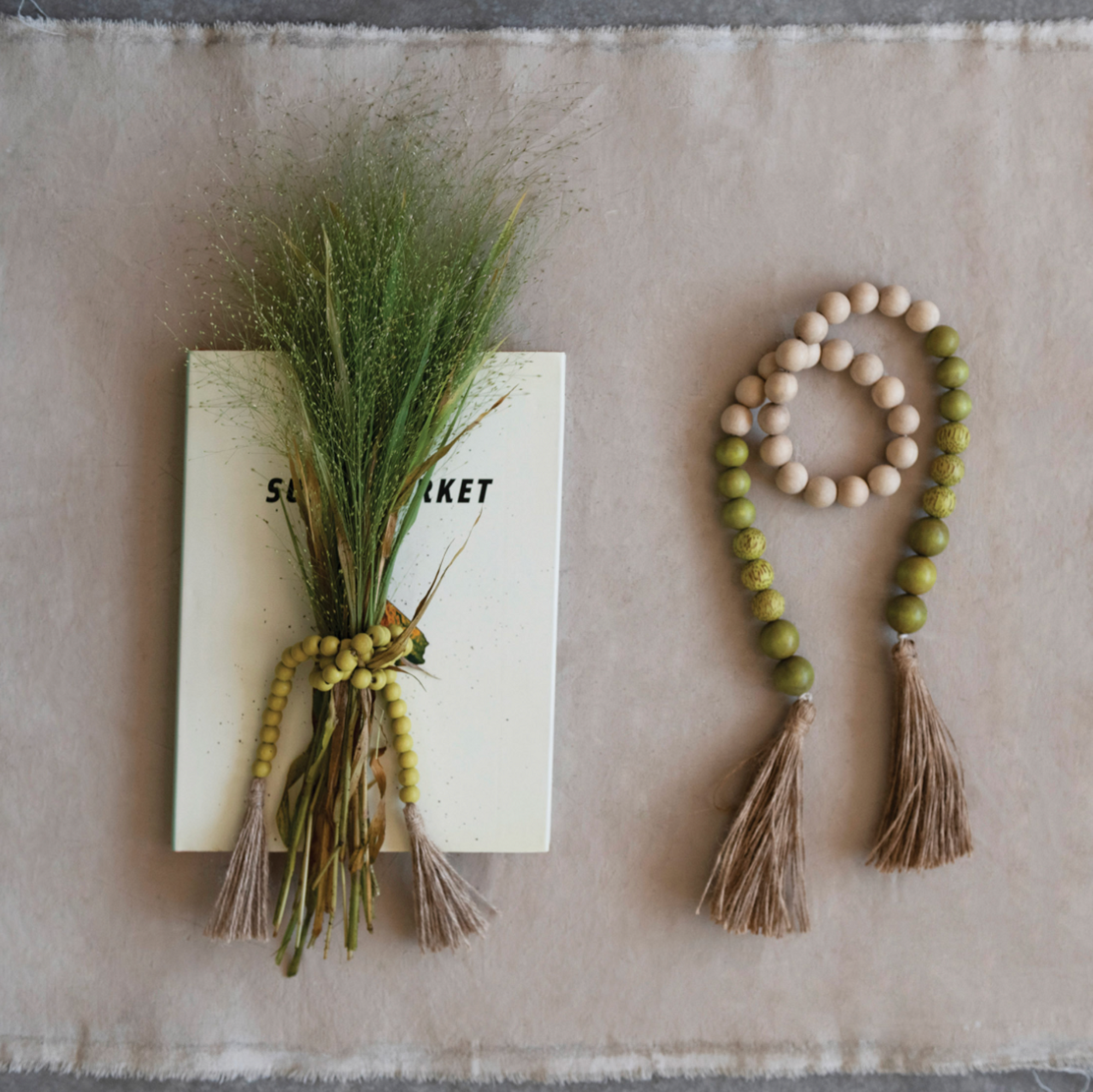Green Wood Bead Garland with Jute Tassels