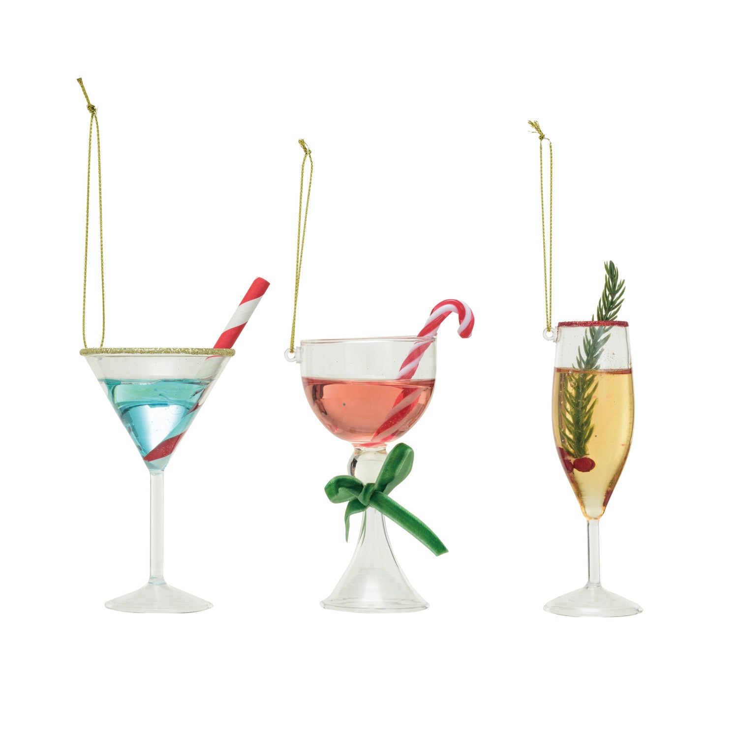 Glass Holiday Cocktail Ornament w/ Glitter, 3 Styles ©