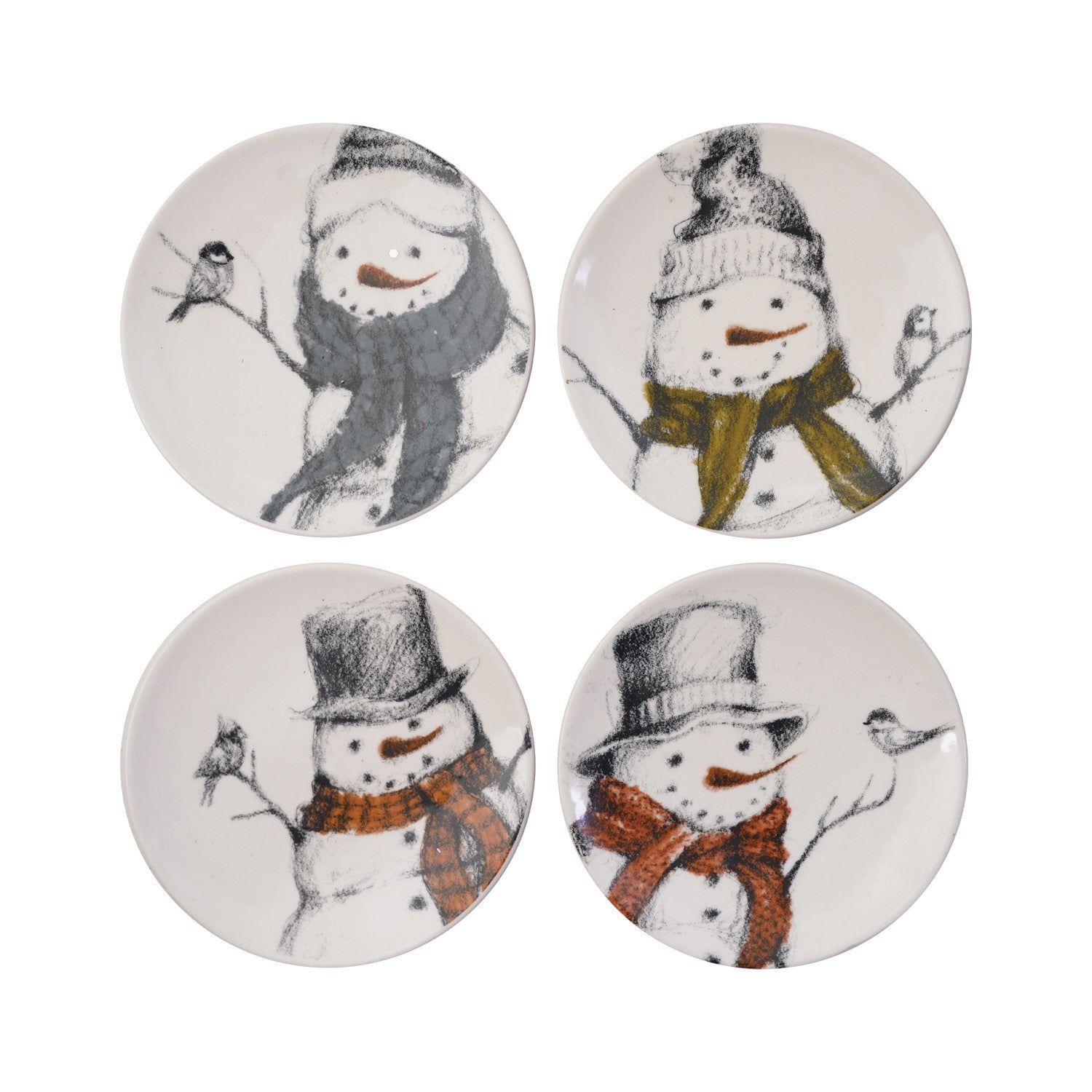 8" Round Stoneware Plate with Snowman & Bird Image, 4 Styles ©