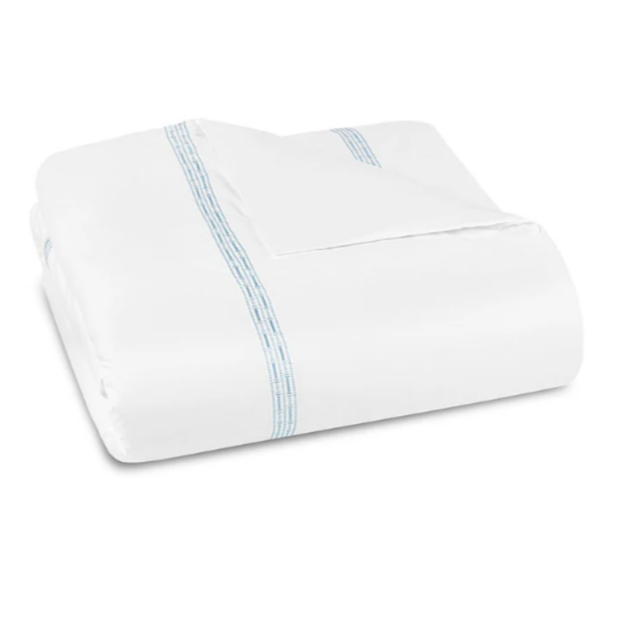 White fitted sheet with blue stripes on a white background