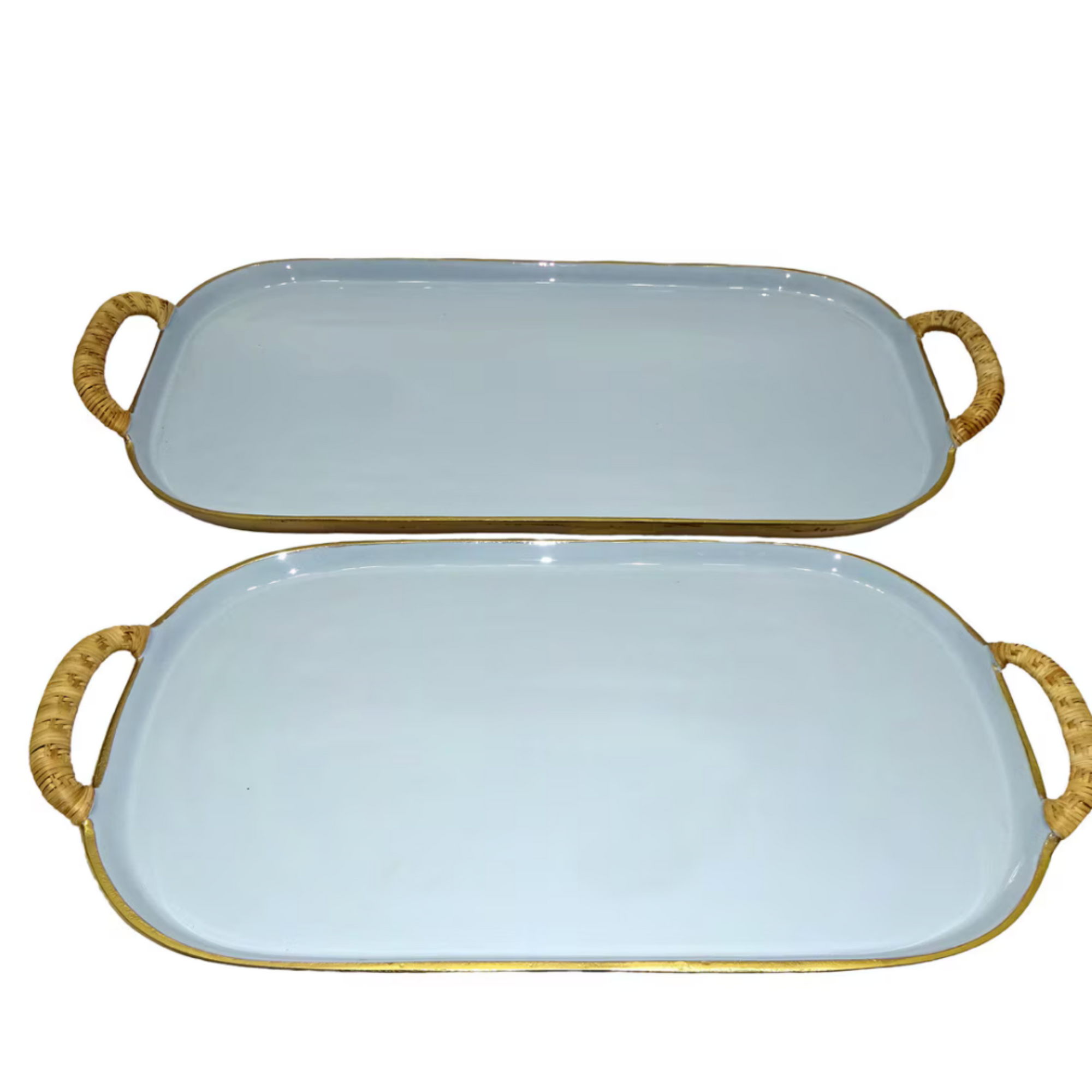 Enamel Metal Tray With Rattan Wrapped Handles - Blue