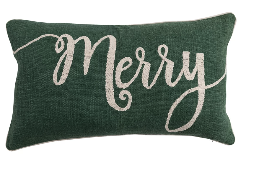 Cotton Slub Lumbar Pillow w/Embroidered "Merry" Green &amp; Natural