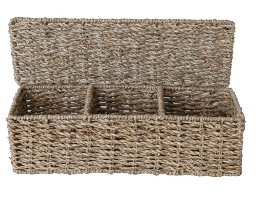Hand-woven Seagrass Basket with 3 sections &amp; lid, Natural