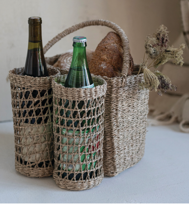 Hand-Woven Seagrass Basket with Handle &amp; Bottle Holders, Natural