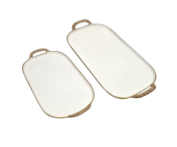 Enamel Metal Tray With Rattan Wrapped Handles - White