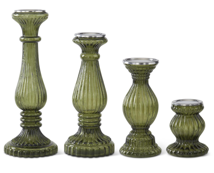 Set of 4 Ribbed Transparent Green Glass Pillar Candleholders