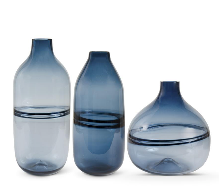 Set of 3 Persian Blue Glass Vases Handblown Stripe