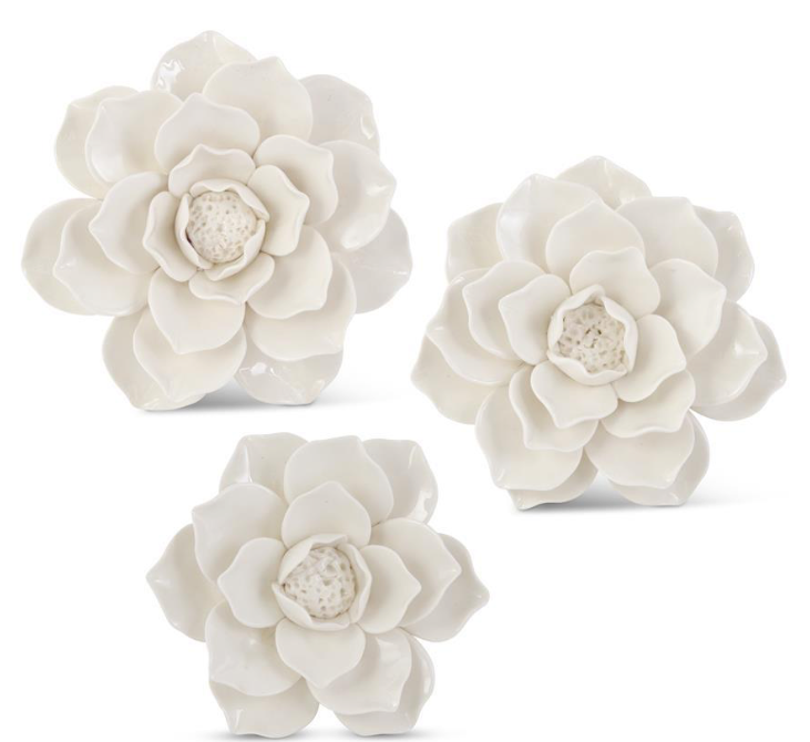 Set of 3 Handcrafted Glossy White Wall Hanging Ceramic Flowers