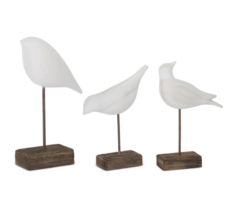 Set of 3 White Wood Shore Birds on Spindles