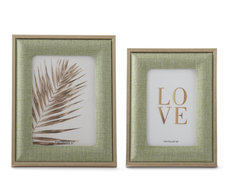 Set of 2 Light Green Woven Linen w/ Gold Metal Trim Photo Frame