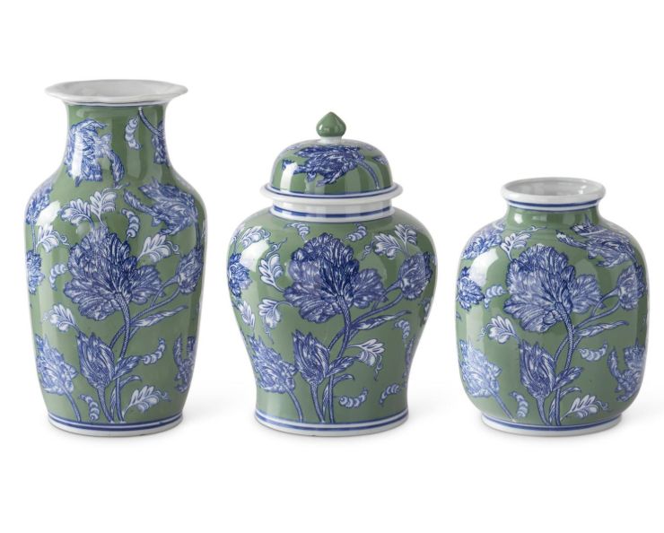 Set of 3 Blue Green &amp; White Floral Ceramic Vases
