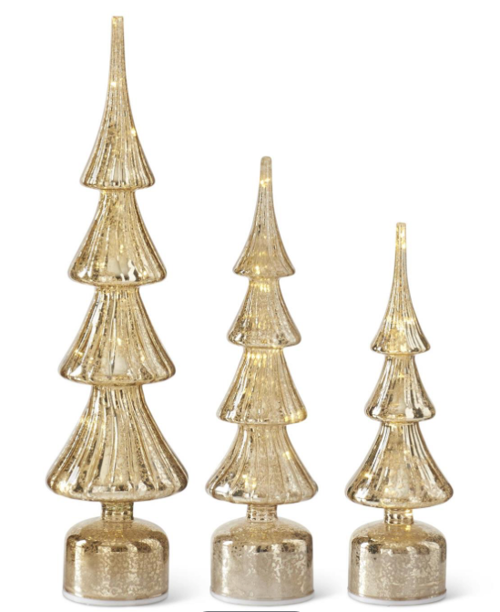 Rotating Ribbed Gold Mercury Glass LED Trees s/Timers