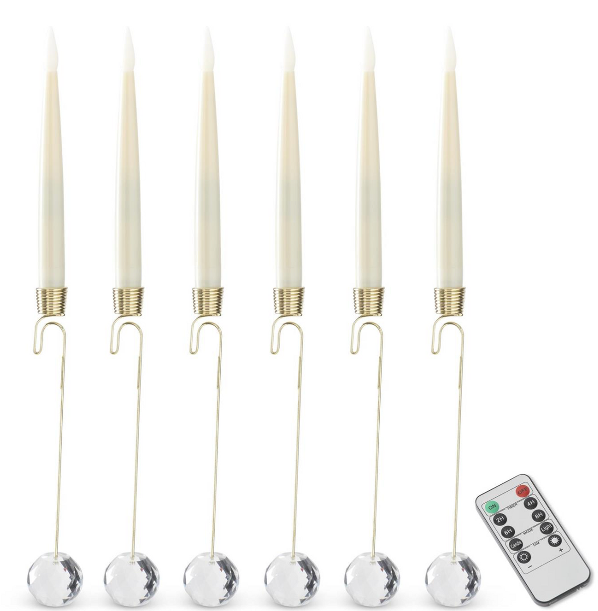 Set of 6, 6 Inch Glass Pendant Hanging White LED Candle Ornaments w/Remote