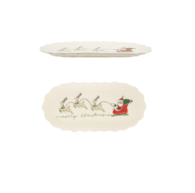 Stoneware Scalloped Platter with Santa's Sleigh &amp; Reindeer "Merry Christmas" ©