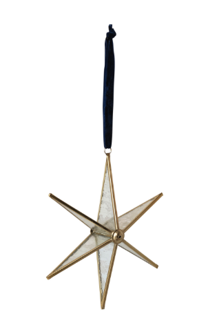 Handmade Antique Mirrored Glass &amp; Brass Star Ornament with Blue Velvet Ribbon Hanger