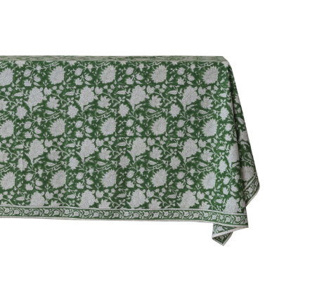126"L x 70"W Cotton Block Print Tablecloth with Floral Pattern, Green &amp; White