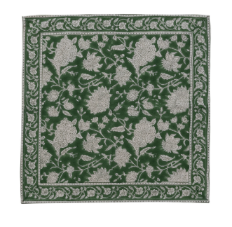 Cotton Block Print Napkins with Floral Pattern, Green &amp; White, Set of 4 Tied with Gold Cord
