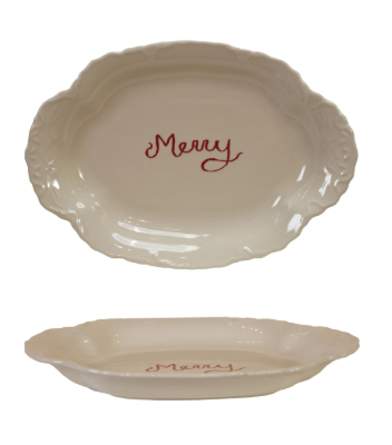 Stoneware Scalloped Platter with Embossed Edge "Merry"