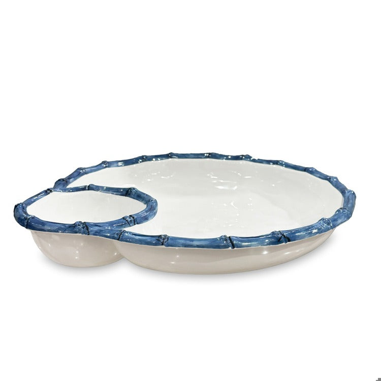 VIDA Bamboo Large Chip &amp; Dip Bowl (White and Blue)