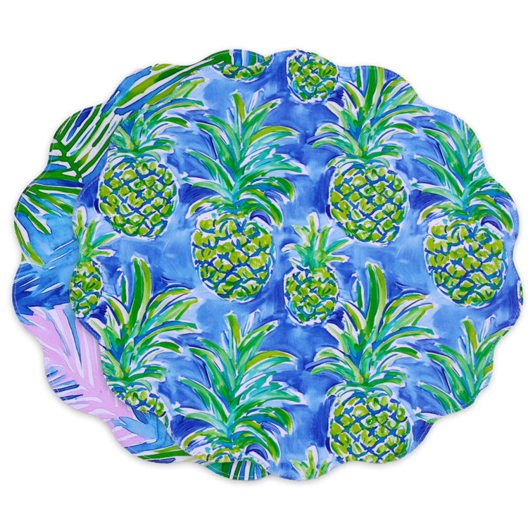 VIDA Pineapples &amp; Palms Reversible Round Placemats Set of 4 (Blue &amp; Green)