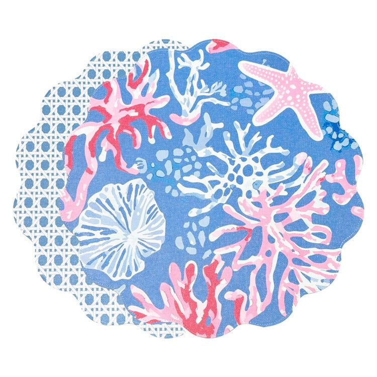 VIDA Sealife and Rattan Reversible Round Placemats Set of 4 (Blue &amp; Pink)