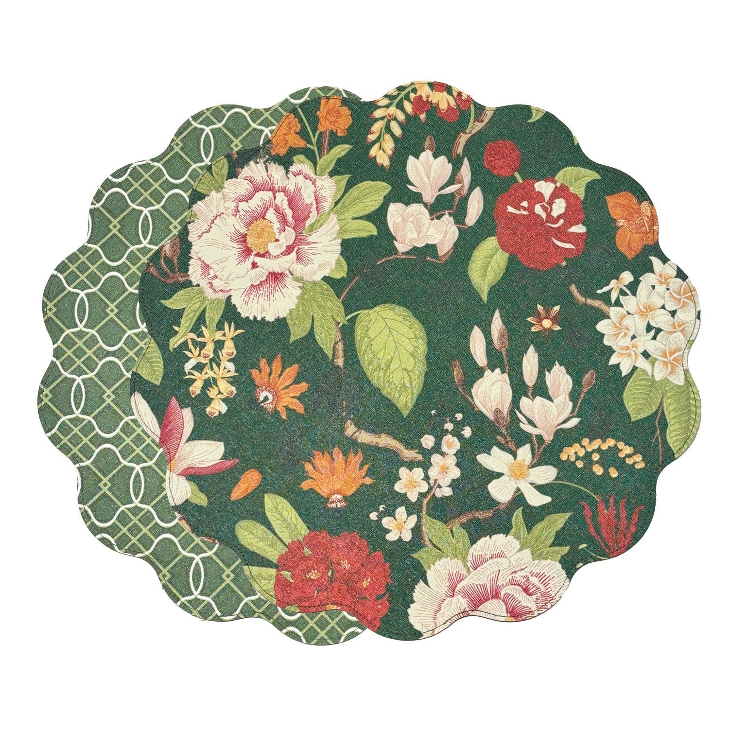 VIDA Cabbage Roses and Trellis Reversible Round Placemats Set of 4 (Green &amp; Red)
