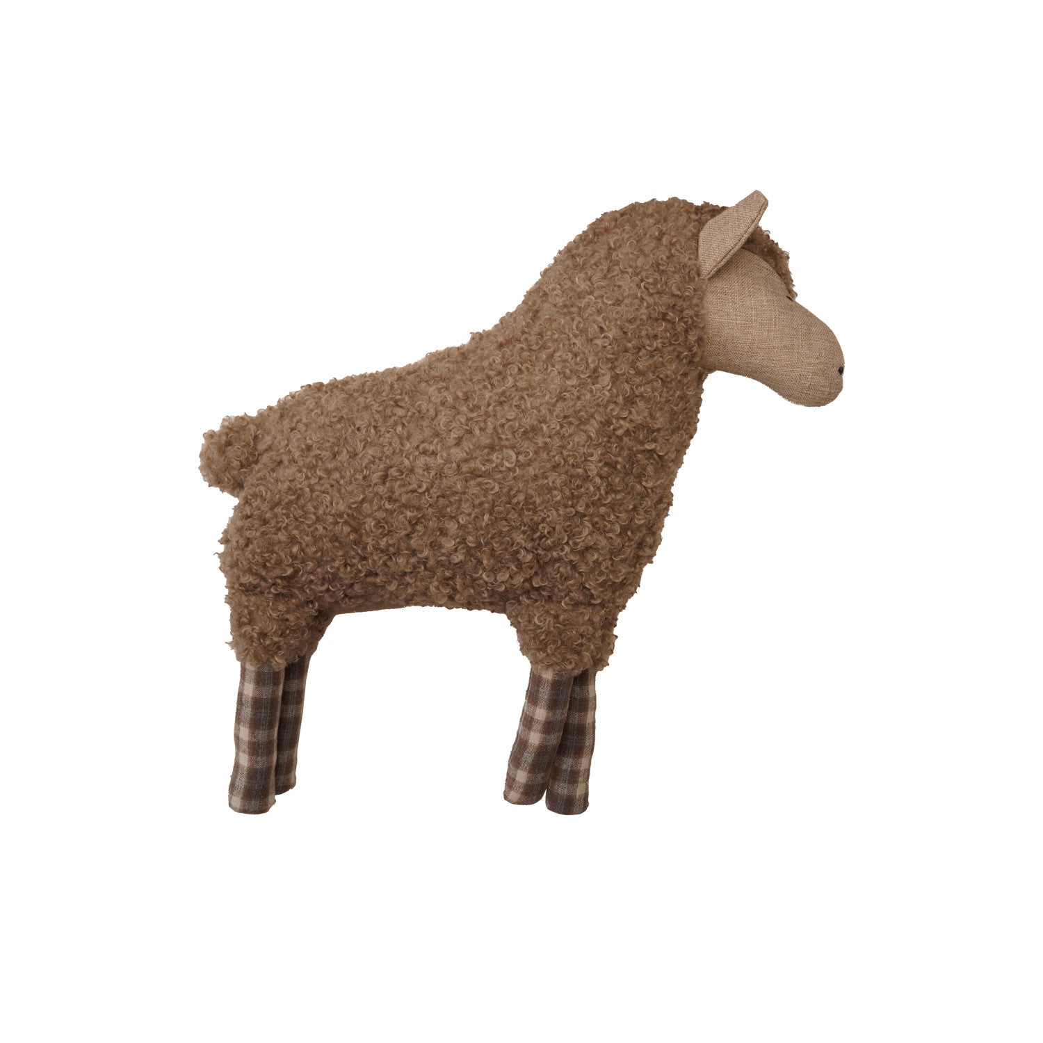 Faux Sherpa Sheep Shaped Pillow with Plaid Pattern, Brown