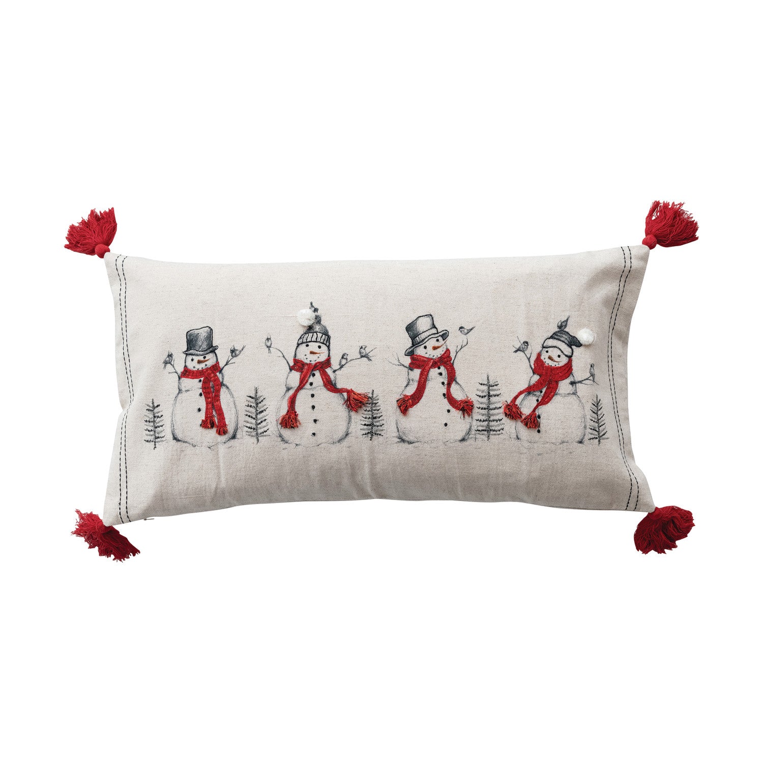 Lumbar Pillow with Embroidered Snowmen & Birds Image ©