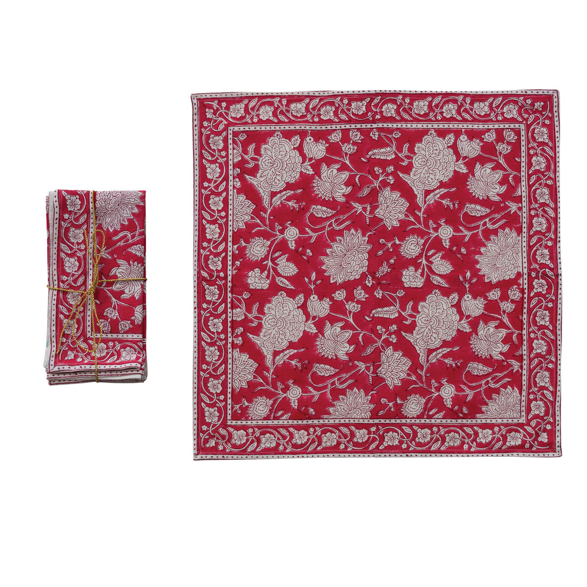 Cotton Block Print Napkins with Floral Pattern, Red &amp; White, Set of 4 Tied with Gold Cord
