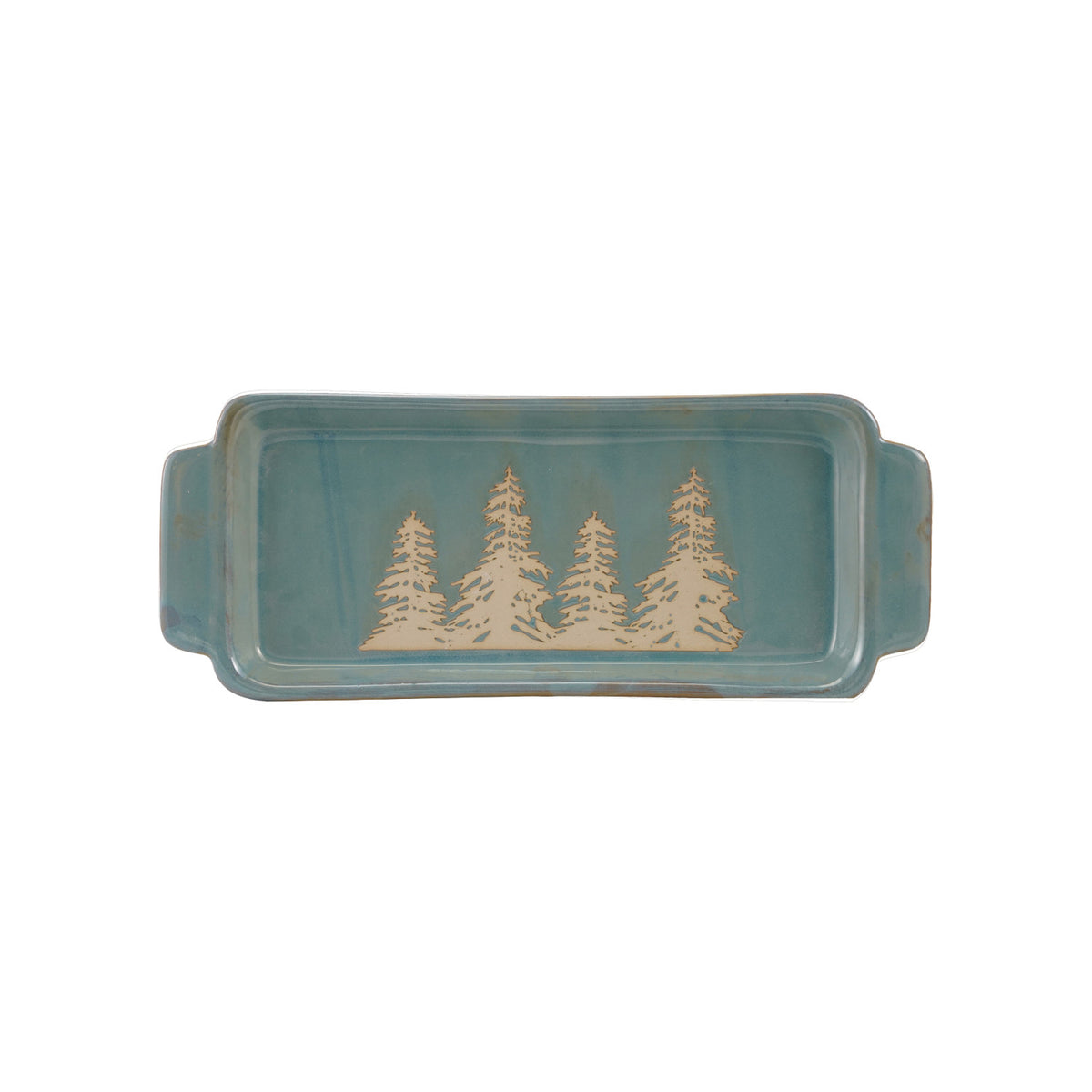 Stoneware Tray with Handles &amp; Wax Relief Trees, Blue (Each One Will Vary)
